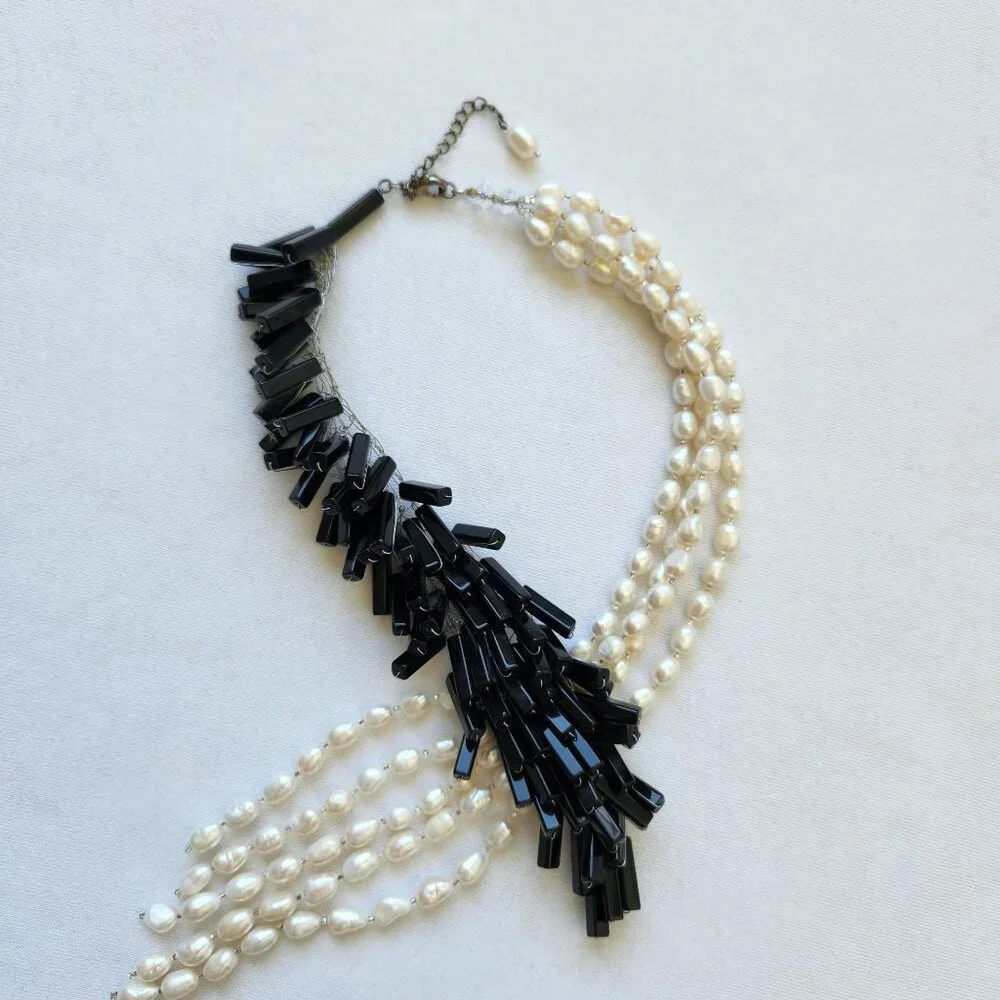 Beaded Black White Statement Necklace Bold Chunky Glam Elegant Office Siren - Picture 2 of 8